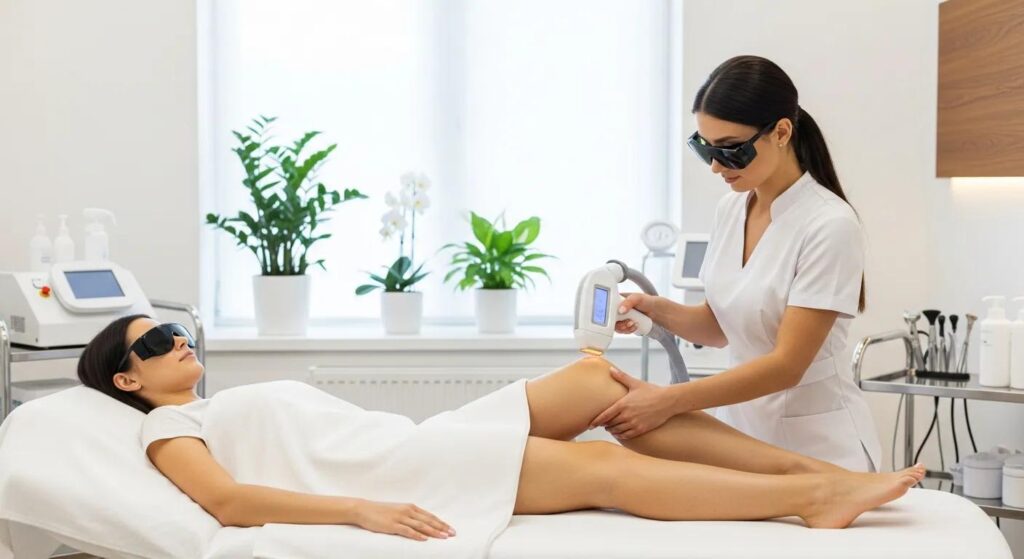 Client receiving laser hair removal treatment in a modern clinic